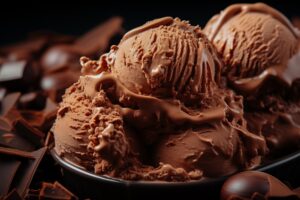 Macro melted chocolate ice cream scoops