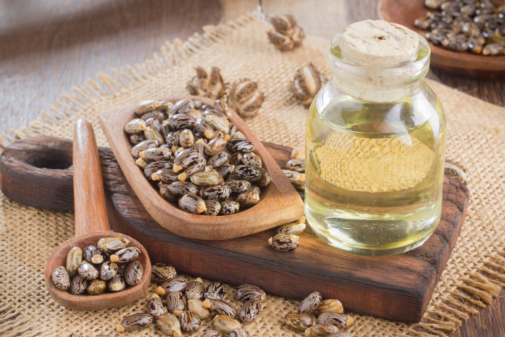 seeds and castor oil on the wooden table