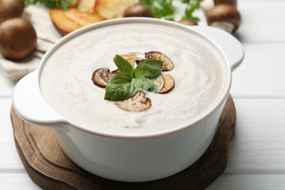 homemade mushroom soup in ceramic pot