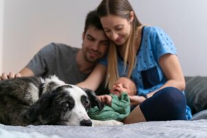 family with newborn baby and a dog